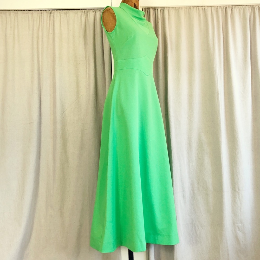 SOLD Vintage 60s Acid Green Poly Knit Maxi Dress - Picture 1 of 8